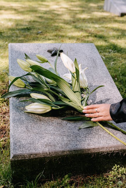 A person’s hand, wearing a black coat with a gold ring on the finger, gently places a bouquet of fresh white lilies with long, green leaves onto a grey stone memorial at a cemetery. The bouquet feat